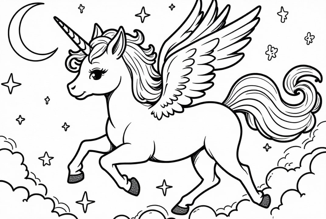 Coloriage licorne volant A  travers les nuages